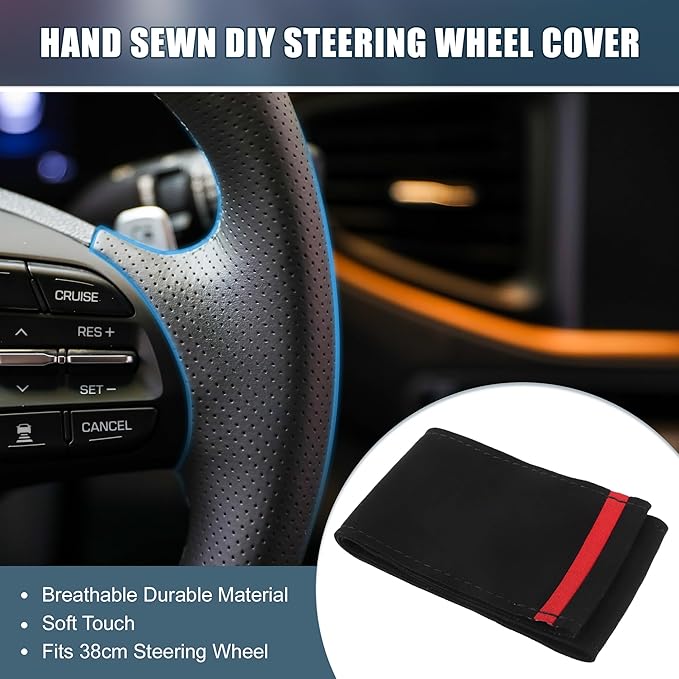 Car Hand Sewn DIY Steering Wheel Cover Breathable Comfortable 38cm Stitch on Wrap Cover Suede Red Black Stitches Black
