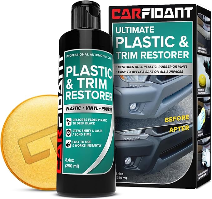 Carfidant Plastic Restorer for Cars – Refreshes Faded Plastic, Vinyl & Rubber Trim with Polish for Deep Shine – Protects Against UV & Dirt – Black Exterior & Interior Care for Detailing - 8.4 fl. Oz.