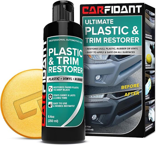 Carfidant Plastic Restorer for Cars – Refreshes Faded Plastic, Vinyl & Rubber Trim with Polish for Deep Shine – Protects Against UV & Dirt – Black Exterior & Interior Care for Detailing - 8.4 fl. Oz.