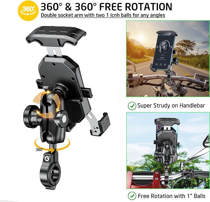iMESTOU Anti-Theft Motorcycle Phone Mount Bike 1 Ball Phone Holder Handlebar Double Socket Arm Cellphone Holder with Aluminum 1" Ball Base 360 Rotation Universal for 4.0-7.0 Inch Smartphones