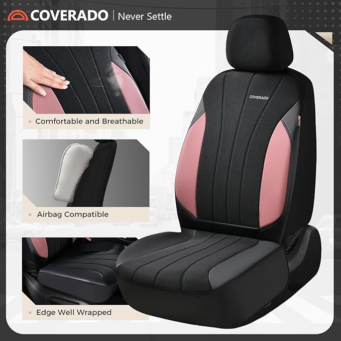 Coverado Automotive Seat Covers Front Seats, Luxury Car Seat Covers, Leather Seat Covers 2-Pack, Mesh Design, Pink Driver Seat Protectors, Universal Fit for SUVs, Trucks, Sedans