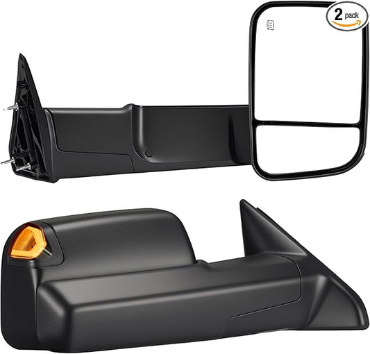 Tow Mirrors Compatible with 2009-2018 Dodge Ram 1500, 2010-2018 2500 3500, Flip Up Extended Trailer Towing Side Mirrors w/Smoked Turn Signal, Power Heated, Black