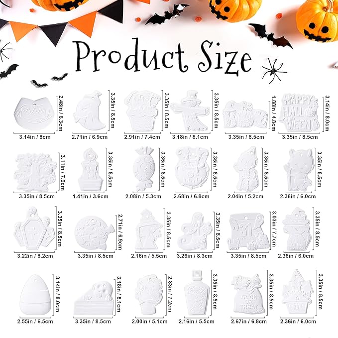 Seenelling 24 Sets Halloween DIY Painting Kits Paint Your Own Ceramics Pumpkin Ghost Unpainted Plaster Statues Arts and Crafts with Brush, Lanyard for Kids Halloween Gifts Party Decor (Fun)