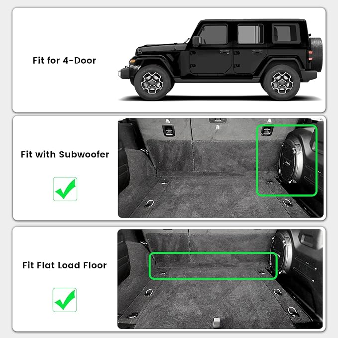 LASFIT Trunk Mat for Jeep Wrangler JL 2018-2024 2025 4 Door Cargo with SUBWOOFER, All Weather TPE Custom Fit Cargo Mat Fit for Flat Load Floor Gas Type, Black (Not for JK/Not PHEV/Not 2-Door)