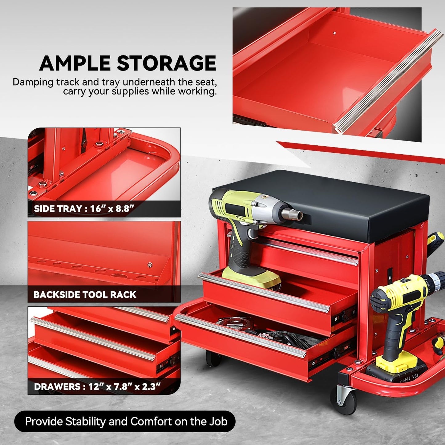 Auto Dynasty 3-Drawer Mechanic Rolling Seat, 350 LBS Capacity Roller Garage Shop Seat with Storage Tool Tray for Workshop, Repair Shop, Warehouse, Red