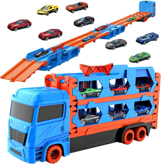 Toy Truck for Kids,Transport Truck with Cars,Garage Storage Toy,Portable Foldable Truck Toy with 59-FT Race Track and 8 Die-Cast Cars,Kids Toys Xmas Gifts for Age 3 4 5 6+ Years Old Boys Girls