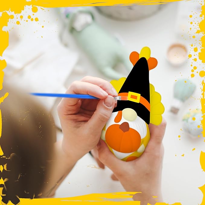 Hollowfly 2 Pack Fall Ready to Paint Your Own Gnome Statues 4" Thanksgiving Turkey Gnomes Blank Pumpkin Unpainted Ceramics Figurines Craft DIY Art with Brush Palette Paint for Adults