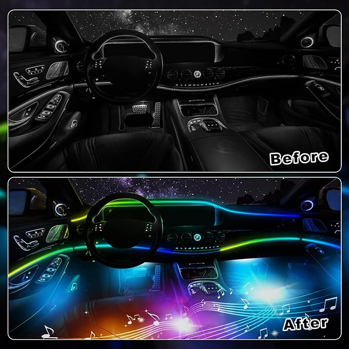 LED Acrylic Car Interior Lights, 18 in 1 Dreamcolor RGB Car Ambient Lighting Kit for Car Include 175-inch Fiber Optic Car Neon Lights String, Led for Footwell, Door Handle, Storage Box