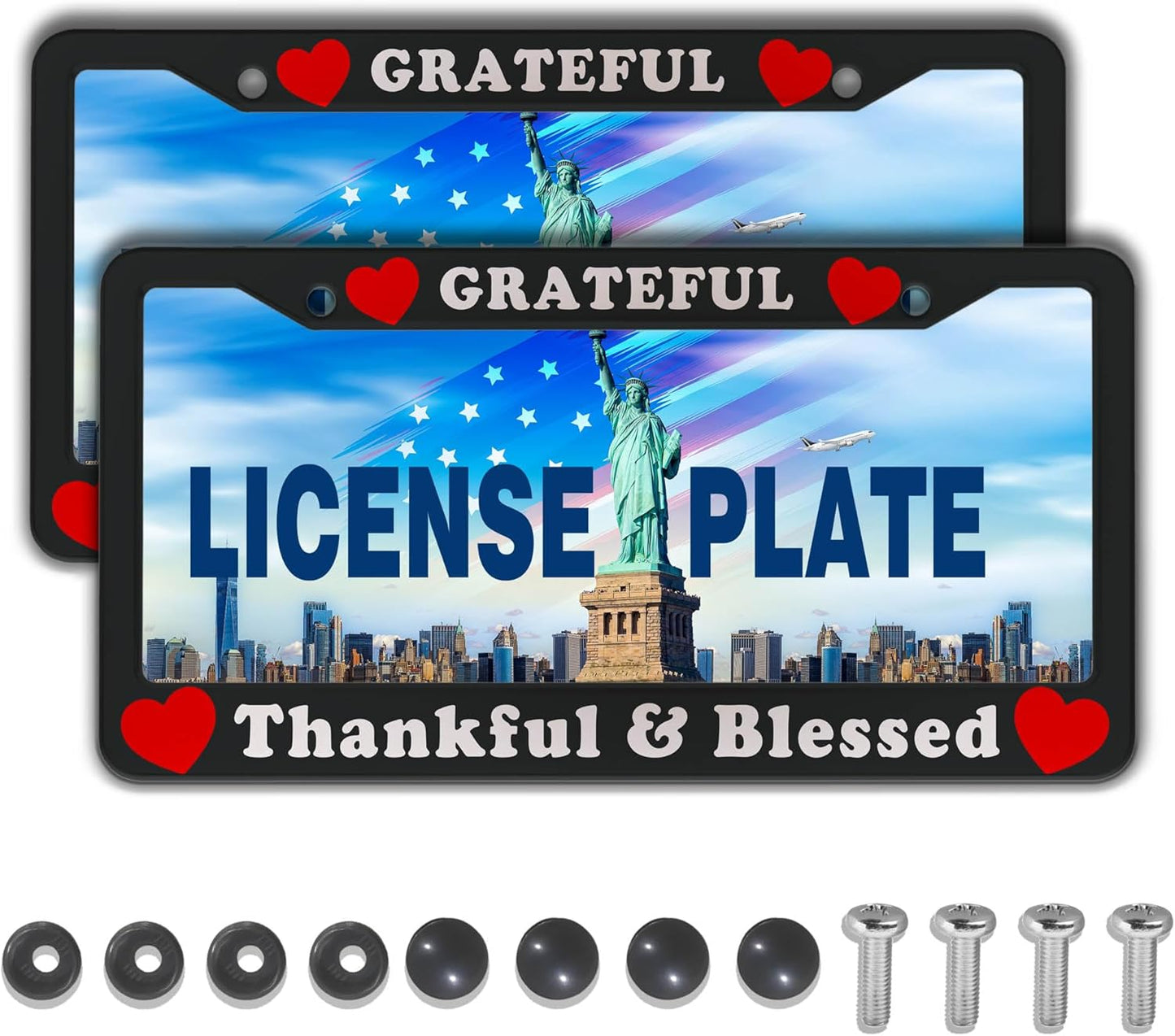 License Plate Frames Black, White, and Red License Plate Cover Grateful Thankful and Blessed Universal Aluminum Car Accessory 2 Pack with Screw Covers Set