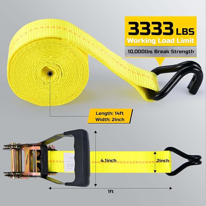 Trekassy Ratchet Straps Heavy Duty (10,000 Lbs Break Strength), Tie Down Ratcheting with J-Hooks, 2" x 15' Cargo Straps for Trucks, Trailers & Moving Appliances - 4 Pack