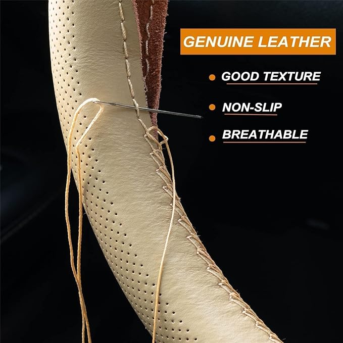 AUTOXBERT 38cm/15 Inch Genuine Leather DIY Steering Wheel Cover Soft Hand Sewing On Wrap Cover with Needles Thread fit for VW Ford Nissan Kia Vauxhall