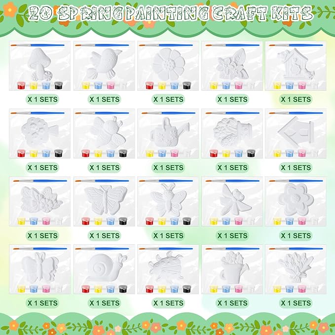 JellyArch 20 Set Spring DIY Painting Kit Ceramic to Paint Your Own Flowers Bee Snail Bird Butterfly Statues Unpainted Plaster Figurines Brushes Acrylic Paints Bags Party Favor for Adults