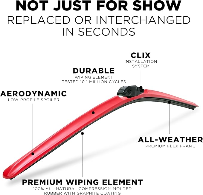 ClixWipers 26" + 22" (Set of 2) Red All Weather Premium Automotive Replacement Windshield Wiper Blades, Passenger and Driver Side Winter Wiper Blades for Various Car Models