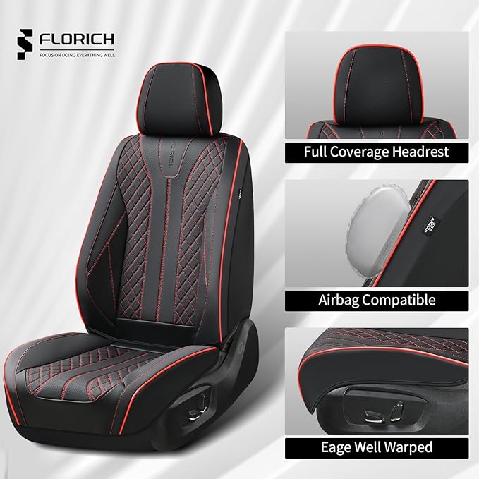 FLORICH Leather Car Seat Covers, Automotive Seat Cover 2 Pack Waterproof Seat Covers for Cars Driver Seat Cover Protectors Universal Fit for Most Cars SUV Trucks Vehicles, Black&Red Line