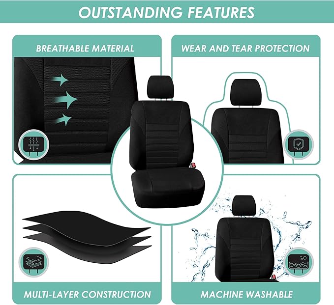 FH Group Automotive Car Seat Covers Full Set Premium 3D Air Mesh Front Seat Covers, Airbag Compatible & Split Bench Cover Universal Fit Interior Accessories for Cars Trucks and SUVs - Black