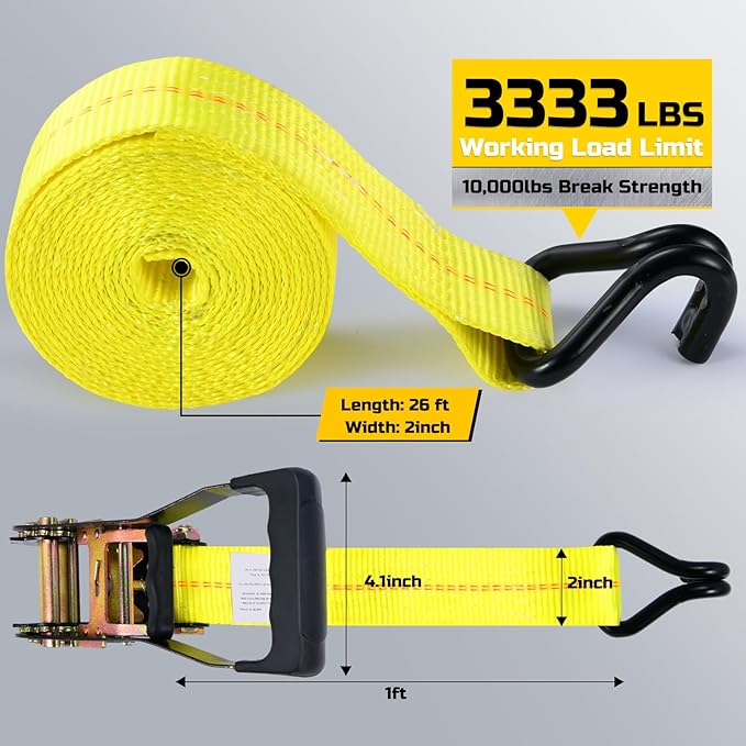 Trekassy 2" x 27' Heavy Duty Ratchet Straps (10,000 Lbs Break Strength), Tie Down Ratcheting with J-Hooks, Cargo Straps for Trucks, Trailers & Moving Appliances - 4 Pack