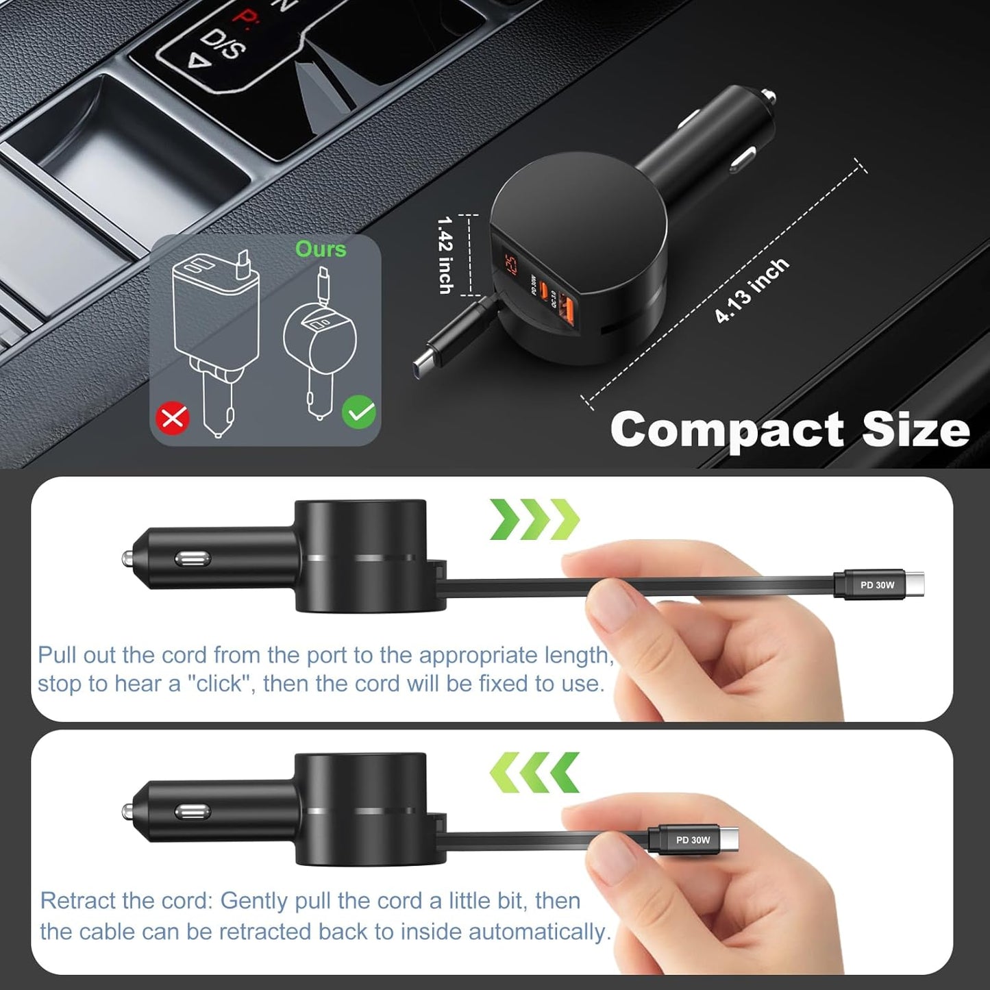 Retractable USB C Car Charger with Cord, OKRAY 78W 3-Port 12v Cigarette Lighter Adapter PD30W Fast Charging Samsung Car Charger & Coiled USB C Cable for Samsung Galaxy S25 S24 A16,iPhone 16 15 Pro Max