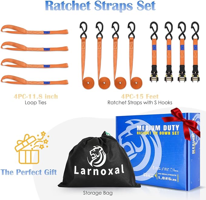 Ratchet Straps 4 Pack - 1,826 Lbs Break Strength 1 in x 15 Ft Medium Duty Ratchet Tie Down Straps with S Hooks Set for Truck, Cargo Van, Trailer, Motorcycle (Orange)