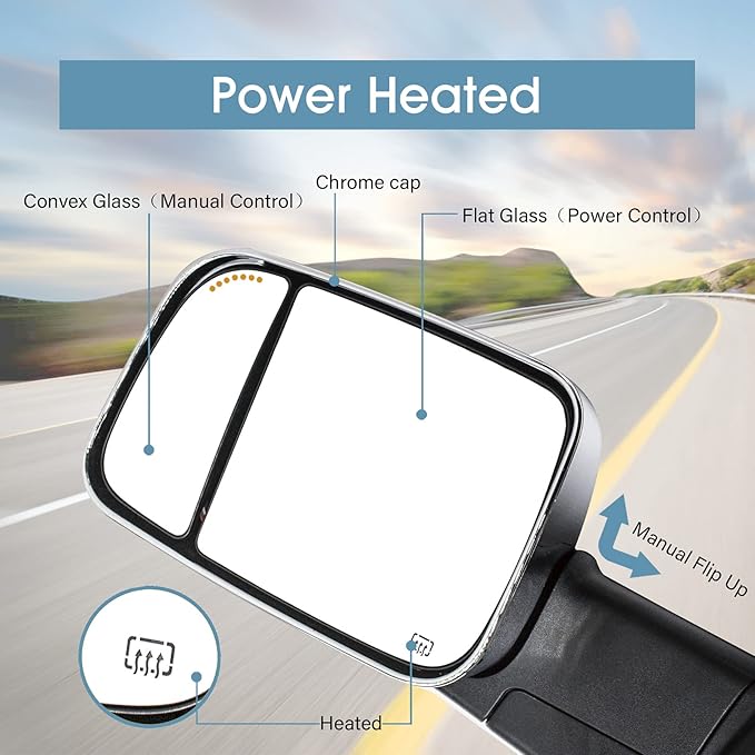 BOOLEE Towing Mirrors Power Heated Compatible with 2009-2018 Dodge Ram 1500,2019-2023 Dodge Ram 1500 Classic Arrow Lamp Puddle Light Temp Sensor Pickup Truck Tow Mirrors Chrome