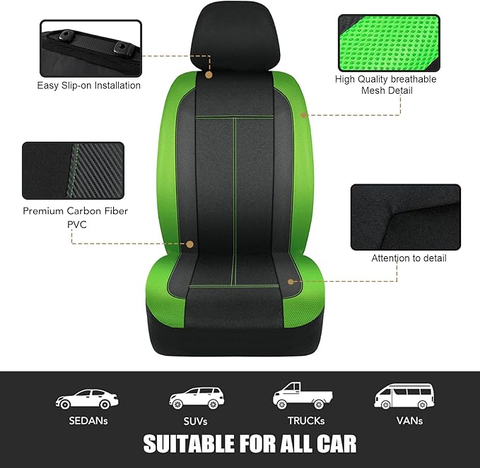 PIC AUTO Low Back Front Car Seat Covers - Sports Carbon Fiber Mesh Design, Two Front Set, Airbag Compatible, Universal Fit for Most Cars (Green)