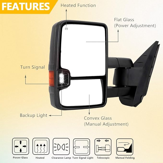 Towing Mirrors Compatible for 2007-2014 Chevy Silverado GMC Sierra 1500 2500 HD 3500 HD(2007 New Body Style ONLY) Tahoe Yukon Power Heated Amber Turn Signal Light Manual Folding Pair