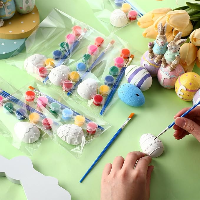 24 Set Easter Egg DIY Painting Kit Ceramic to Paint Your Own Egg Statues Unpainted Plaster Figurines with Brushes Acrylic Bags Arts and Crafts Kits Party Favor for Adults
