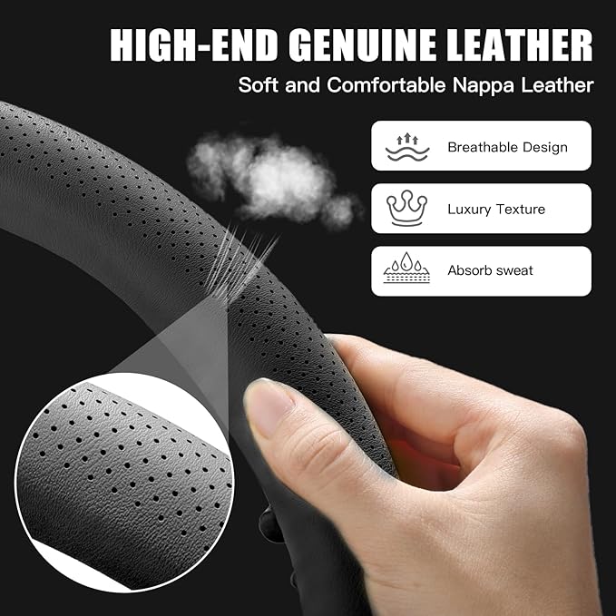 Genuine Leather Steering Wheel Cover for Men Women with Upgraded Silicone Inner Ring, Thin, Non-Slip, Breathable, Odorless, Universal 14.5-15 Inch (Pure Grey, Genuine Leather)
