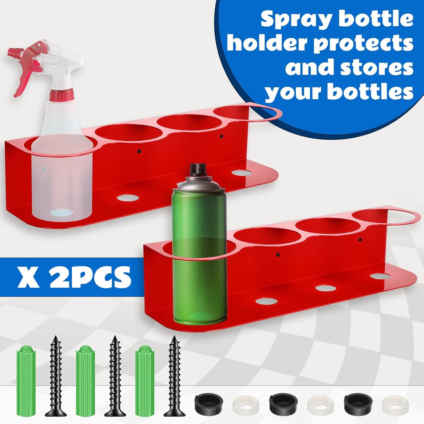 Therwen 2 Pcs All Purpose Steel Spray Bottle Holder Heavy Duty Can Holder Rack Organizer Easy Install Wall Mount Paint Spray Bottle Organizer Storage Rack for Garage Home Workspace(Red,4 Holes)