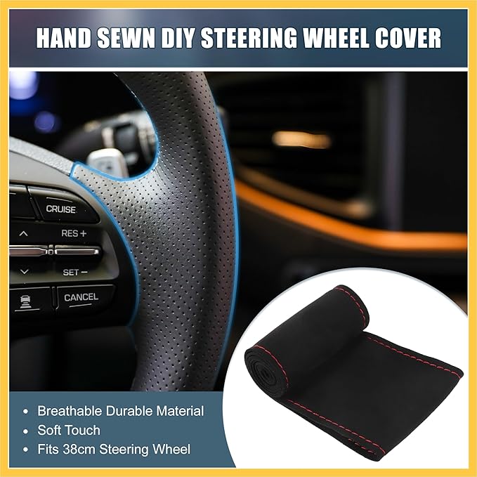 Car Hand Sewn DIY Steering Wheel Cover Breathable Comfortable 38cm Stitch on Wrap Cover Suede Black Stitches Red Auto Replacement Parts