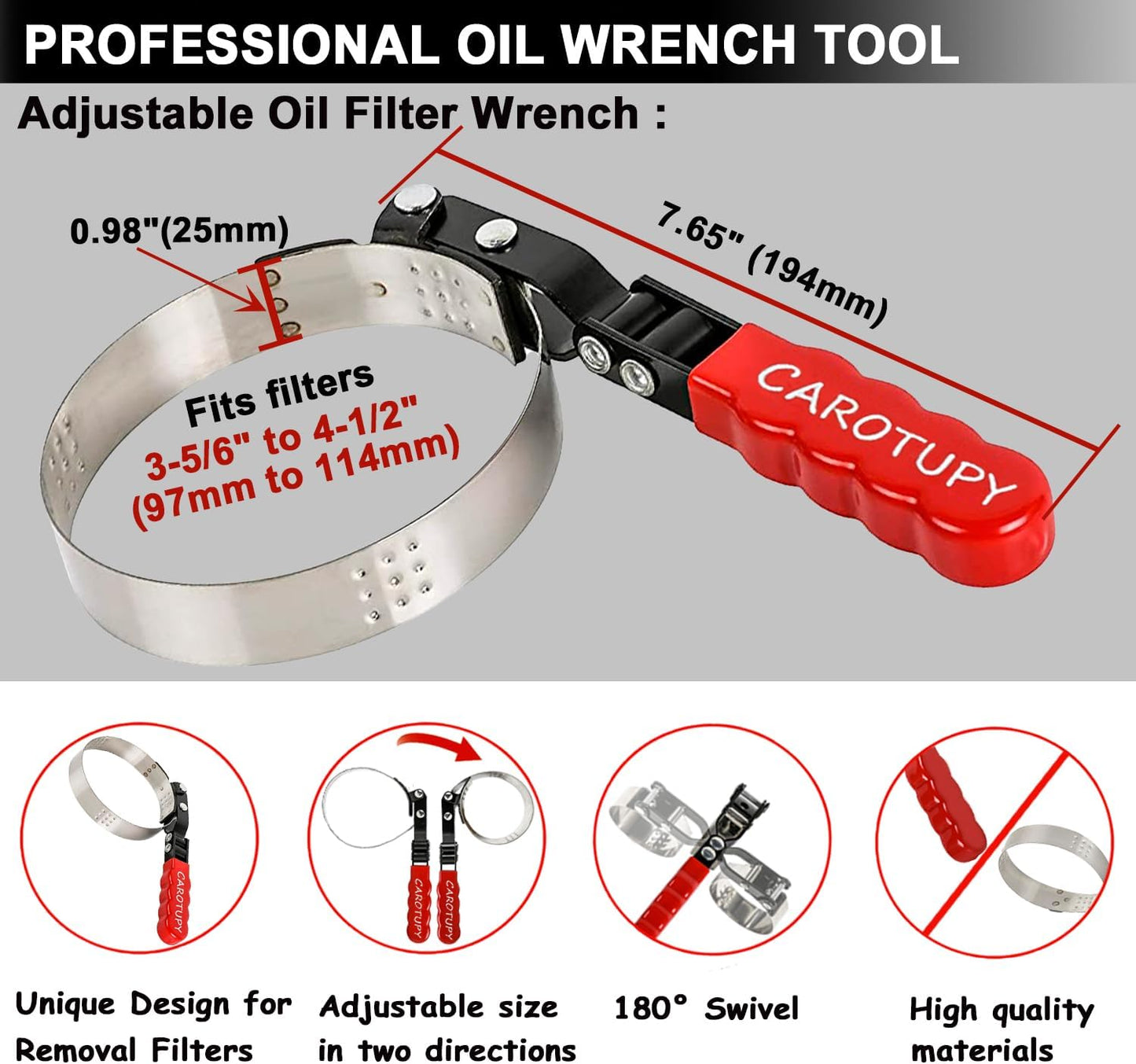 Medium Oil Filter Wrench, Oil Filter Removal Tool Adjustable from 3-5/6" to 4-1/2" for Cars, Motorcycles and Trucks