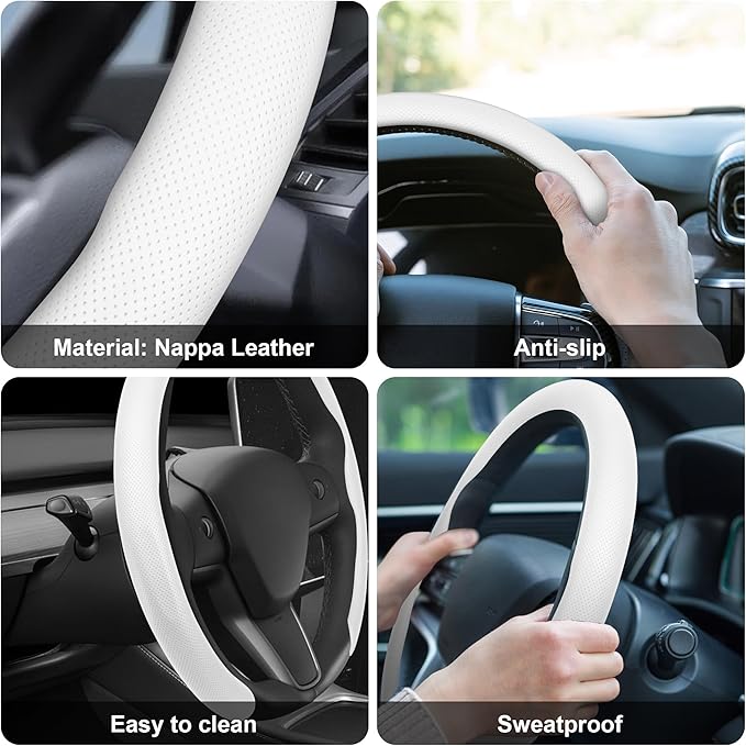 frani Nappa Leather Steering Wheel Cover, Universal 15 Inch Premium Non-Slip Steering Wheel Cover White
