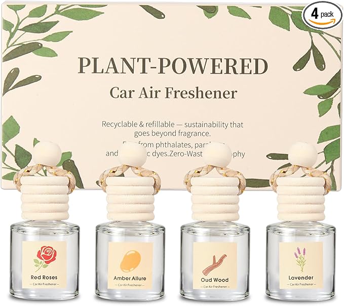 Car Air Freshener Oil Diffuser - Hanging Long Lasting Scent for Car & Home, Essential Oil Freshener with Adjustable Fragrance (Lavender+Red Roses+Oud Wood+Amber Allure)