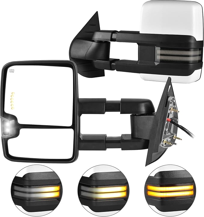 AUTOSAVER88 Towing Mirror Compatible with 2007-2013 Silverado Sierra 1500 2500HD/3500HD/Avalanche/Suburban/Yukon, Power Heated Switchback LED Turn Signal Running Light Manual Telescoping Folding White