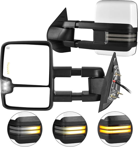 AUTOSAVER88 Towing Mirror Compatible with 2007-2013 Silverado Sierra 1500 2500HD/3500HD/Avalanche/Suburban/Yukon, Power Heated Switchback LED Turn Signal Running Light Manual Telescoping Folding White