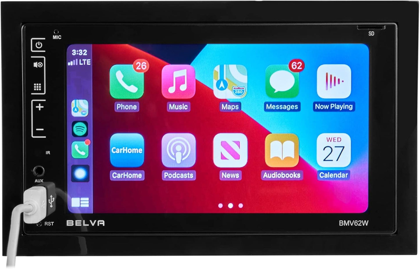 Belva BMV62W 6.2" Double DIN Touchscreen Bluetooth Car Stereo Receiver with Apple CarPlay, Android Auto and Mirrorlink