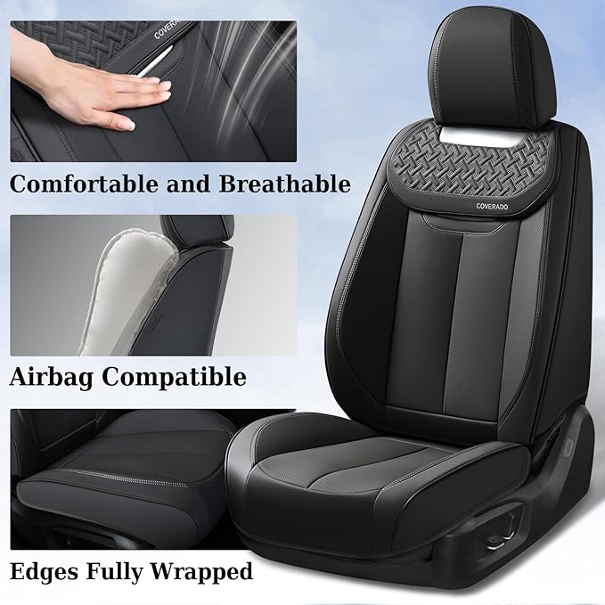 Coverado Car Seat Covers Front Seats, Nappa Leather Front Seat Covers, Waterproof Car Seat Cushion, Black Seat Covers Car Seat Protector Interior Accessories Fit for Most Cars