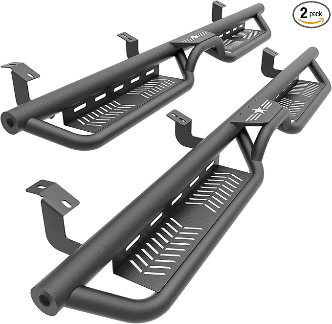 Double Cab Running Boards Side Steps Compatible with 2007-2021 Toyota Tundra Extended Cab (2 Half-Size Rear Doors), Bolt-on Nerf Bar Step Rails, Two Stairs Design (Black Steel, Star Logo)