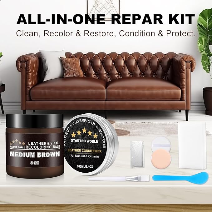 STARTSO WORLD 200Ml Leather Recoloring Balm with 100ML Leather Conditioner, Medium Brown Leather Repair Kit for Furniture, Leather Dye, Leather Scratch Repair, Leather Couch Paint