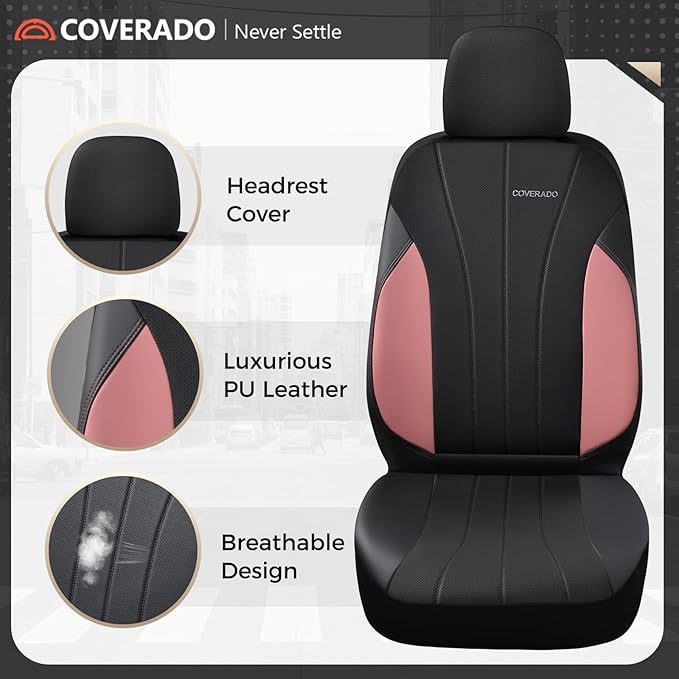 Coverado Car Seat Covers, Luxury Seat Covers Full Set, Waterproof Leather Car Seat Protectors, Pink Automotive Seat Covers Universal Fit for SUVs Trucks Sedans