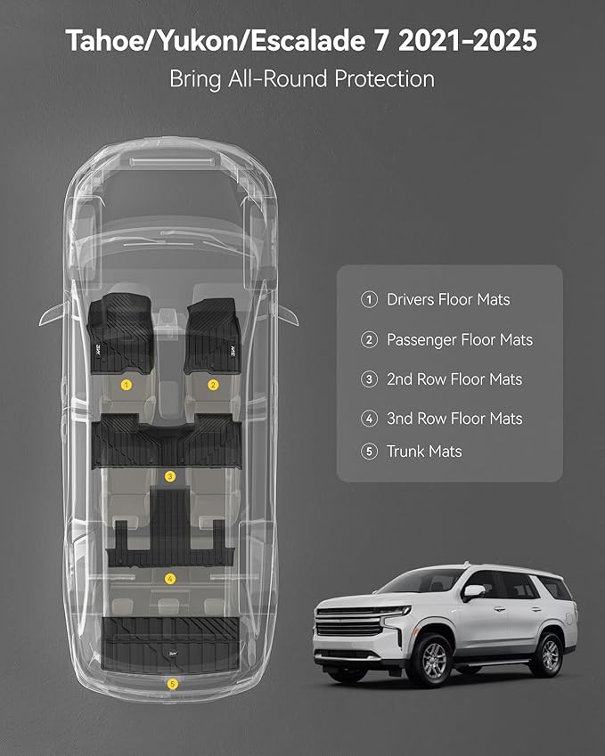 3W Floor Mats & Cargo Liner Fit for 2021 2022 2023 2024 2025 Chevy Tahoe/GMC Yukon/Cadillac Escalade 7 Seat, TPE All Weather Custom Fit Car Accessories Heavy Duty Rubber Full Set Trunk Mats