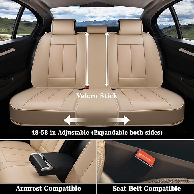 Coverado Car Seat Covers Full Set, Premium Nappa Leather Seat Covers for Car, Waterproof Car Seat Protector with Lumbar Support, Automotive Seat Covers Universal Fit for Most Cars SUV Truck(Beige)