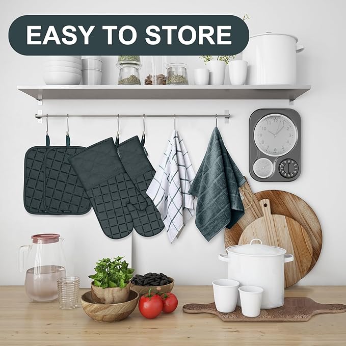 Oven Mitts Pot Holders Sets/Kitchen Towels and Dishcloths,Oven Gloves Kitchen Dish Towels 500 Degree Heat Resistant Potholders with Non-Slip Silicone Surface for Cooking,Grilling,Baking-Deep Green