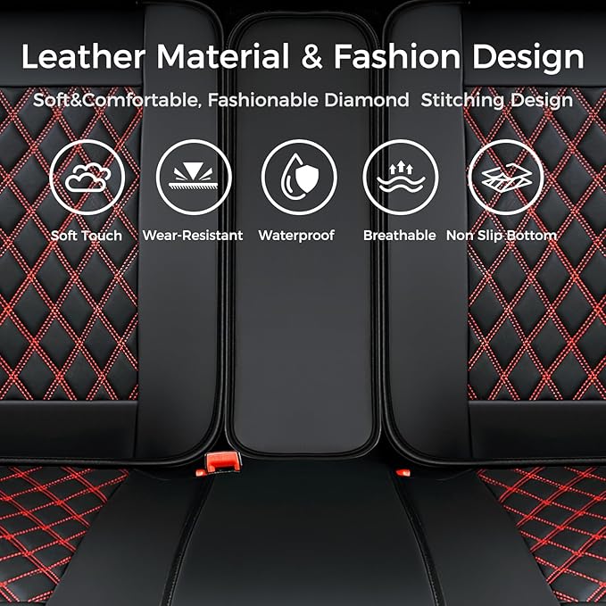 Huidasource Rear Bench Car Seat Covers, Split Back Leather Seat Cover, Automotive Interior Car Seat Cover Protector Universal Fit for Most Cars Sedan SUV Pickup Truck (Back Row/Black&Red)