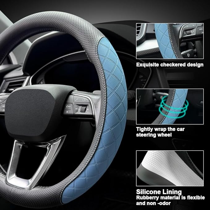 LKWLIKEI Nappa Leather Steering Wheel Cover,Elegant Diamond Checkered Design, Non-Slip wear-Resistant, Enhance Driving Comfort, Suitable for Steering Wheel Diameter 14 1/2‘-15’ Models.Black Blue