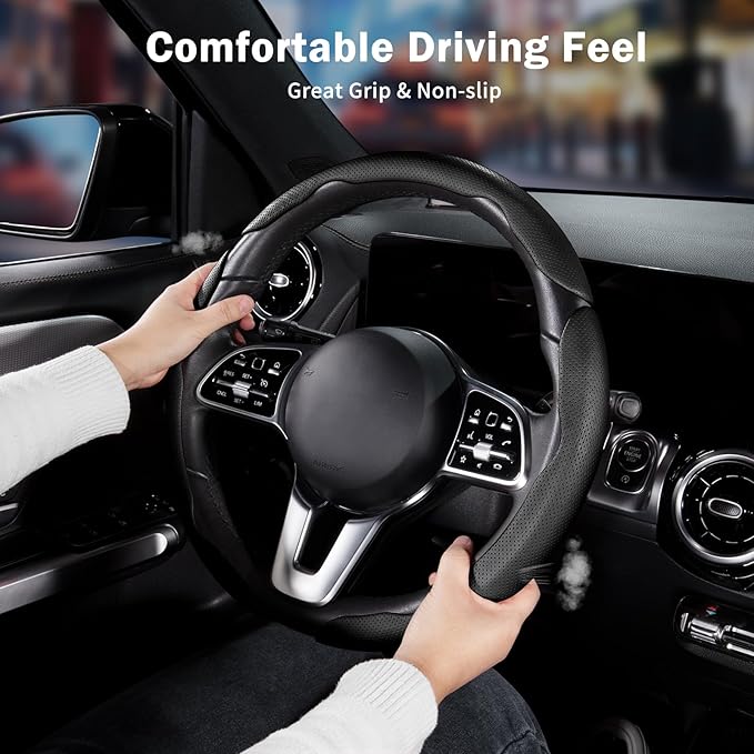 Nappa Leather Car Steering Wheel Cover for Men Women, Ultra-Thin Non-Slip Breathable Microfibre, Universal for 14.5"-15" Steering Wheel - Black