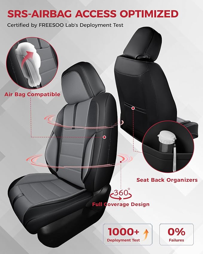 FREESOO Black Gray Front Car Seat Covers - Faux Nappa Leather Seat Covers for Cars, with Carbon Fiber Texture Seatbelt Pads, Luxury Protector Accessories Fit for Most Vehicles Sedans SUV Trucks RAV4