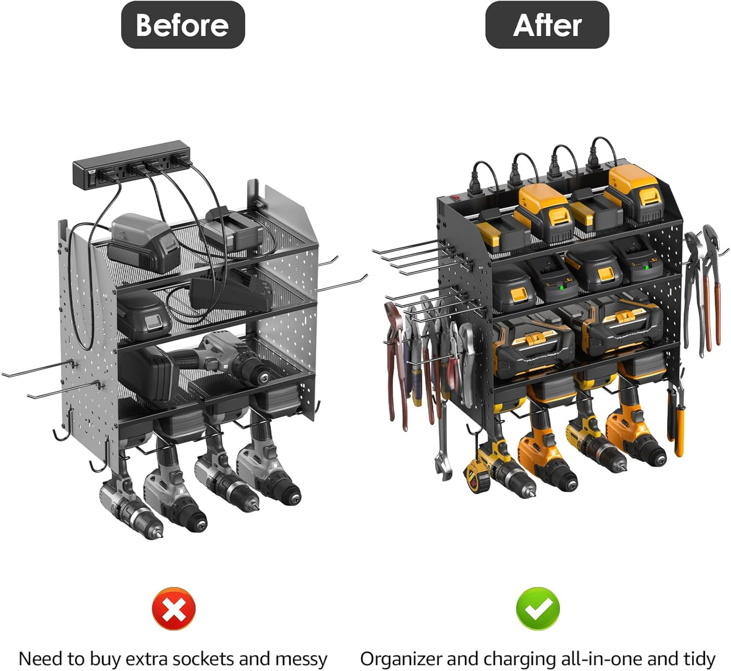 CCCEI Modular Power Tool Organizer with Charging Station. 4 Layer Wall Mount Drills Holder, Tool Battery Charger Organizer. Garage Shop Storage Utility Shelf with 10FT Power Strip, Gift for Men.