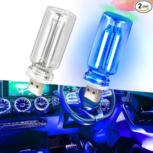 2PCS Car USB Night Lights, Touch Dimmable Vehicle Interior Ambient Lamp, Portable Retro Glass LED Light for Auto Decorations, Bedroom, Office, Travel, Camping, Gifts for Women and Men (Blue)