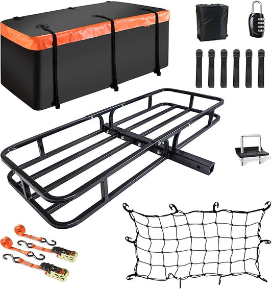 MeeFar Hitch Mount Cargo Carrier Basket 53" x19" x 5"+Waterproof Cargo Bag (51" x17"x 18"), Hauling Weight Capacity of 500 Lbs fit on 2 Inch Receiver with Hitch Stabilizer,Net and Straps