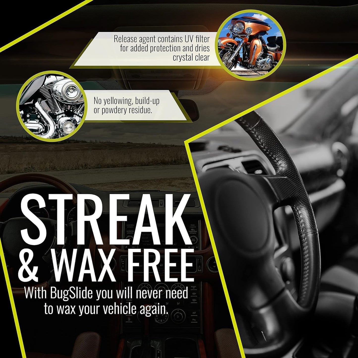 BugSlide Bug Remover Spray – All Purpose Car Cleaner & Detailer, For Vehicle Interior & Exterior Use, Shines, Degreases, Polishes, Wipes Away Bugs on Plastic, Metal,Glass, Windows, Mirrors, 16 oz